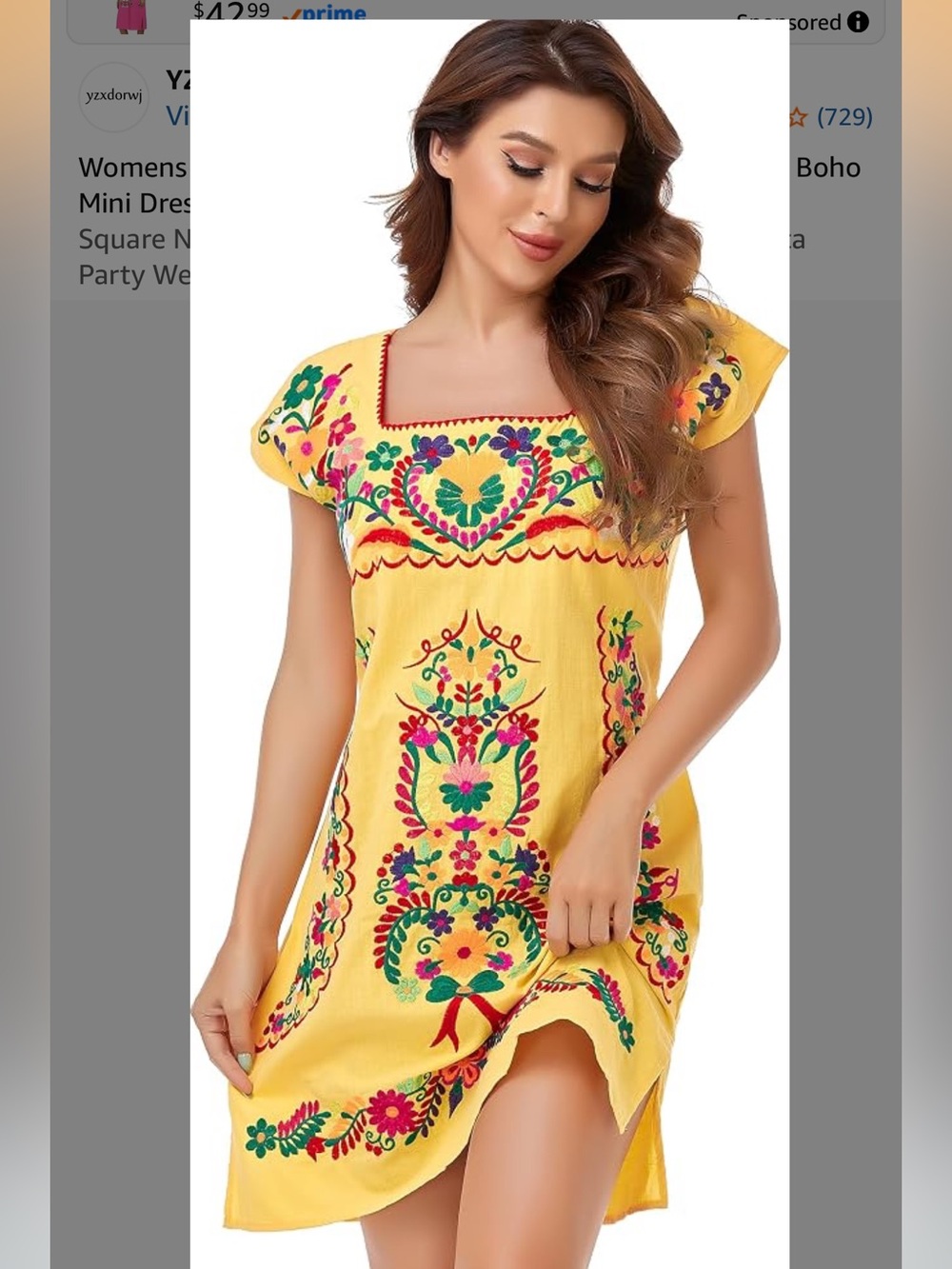 YZXDORWJ  Boho Dress : Vibrant Yellow with Multi-Color Embroidery.    Size Small
